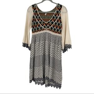 Free People Boho Sweater Dress Mix Media Print Knit  Dress Medium